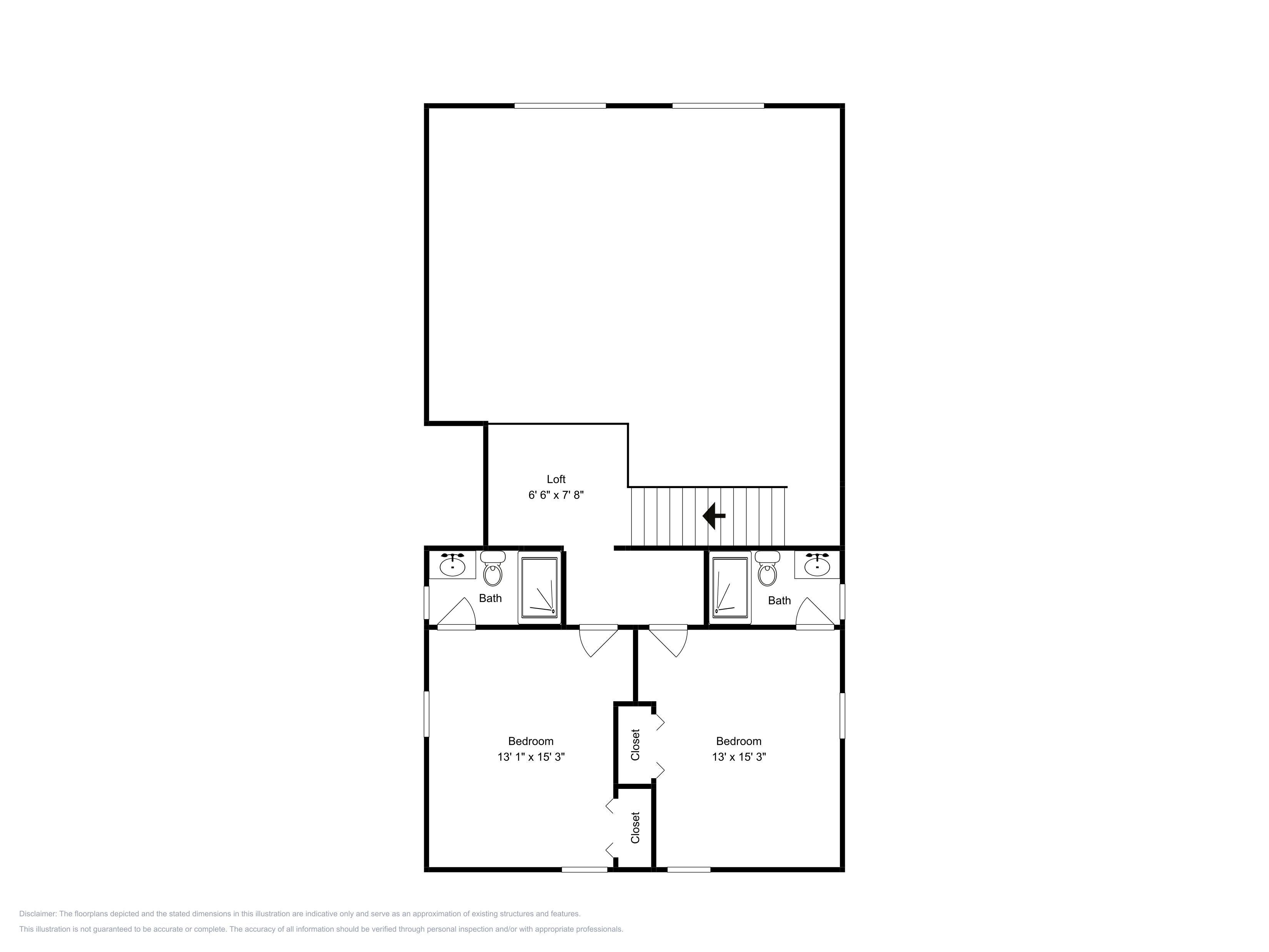 A floor plan with two bedrooms, a loft, and two bathrooms.