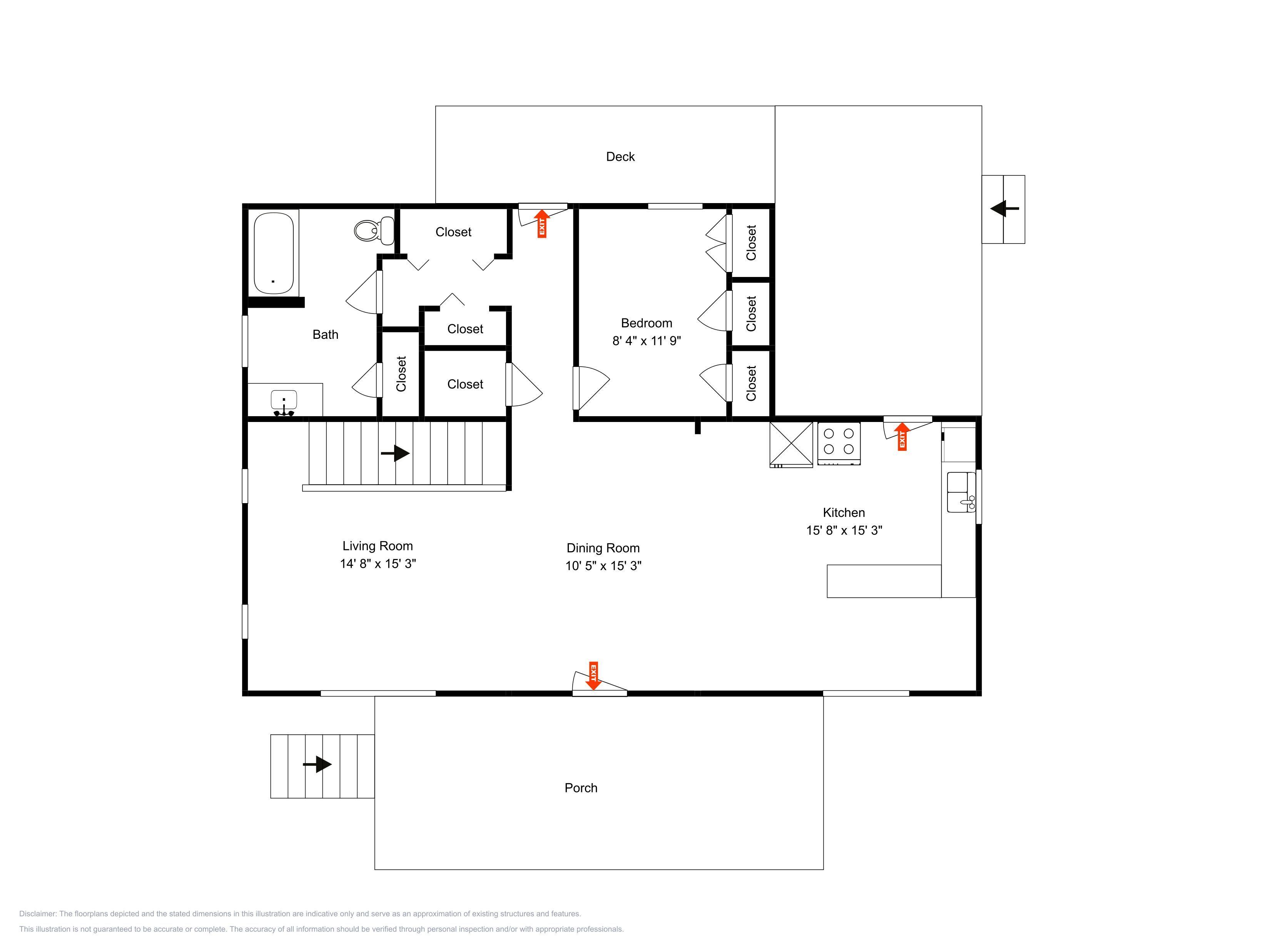 A floor plan of a house with a living room, dining room, kitchen, two bedrooms, a bathroom, a closet, a porch, and a deck.