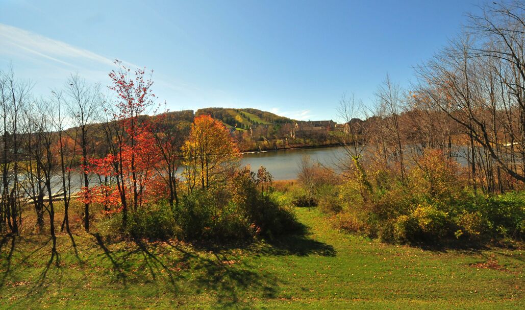 A lake surrounded by trees with autumn foliage, a grassy area in the foreground, and a hill with a building in the background.