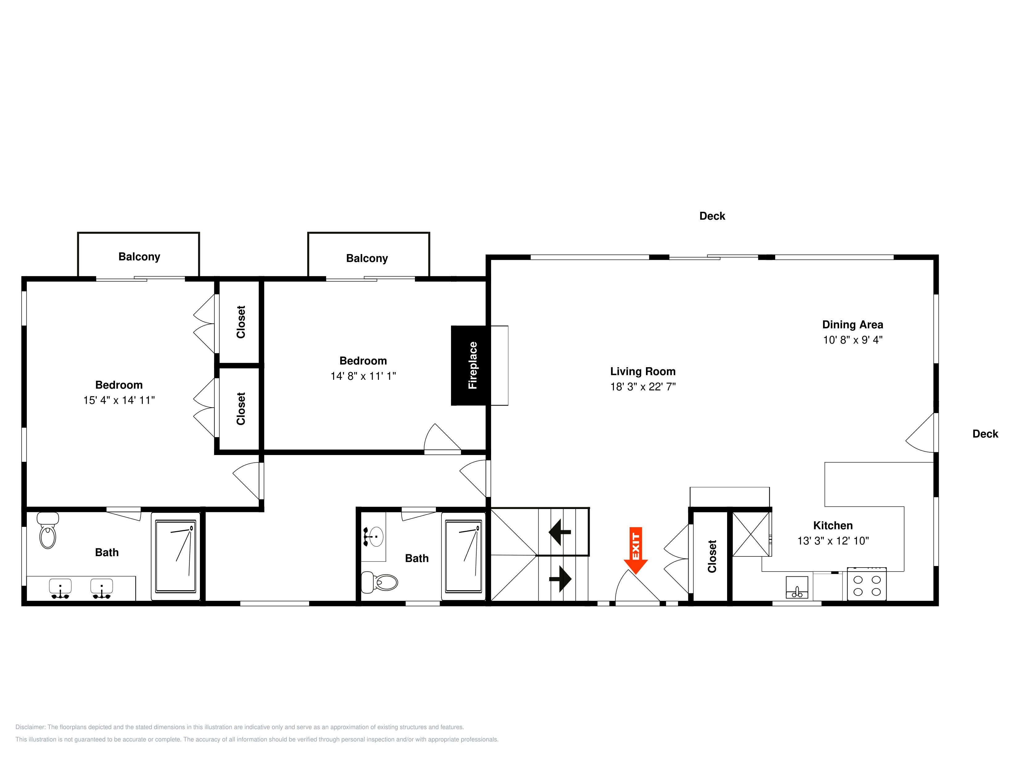 Plano de planta que muestra un dormitorio, balcón, sala de estar, comedor, cocina y dos baños.