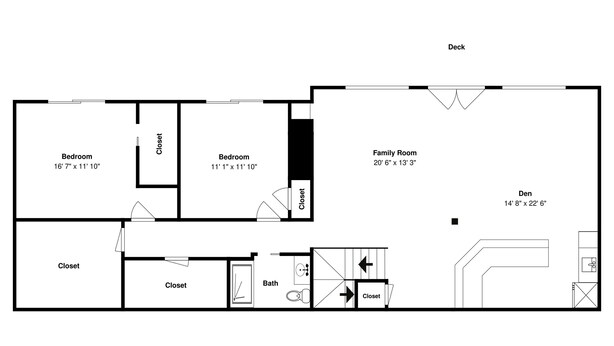 Plano de planta que muestra dos dormitorios, una sala familiar, un espacio de estar y dos armarios.