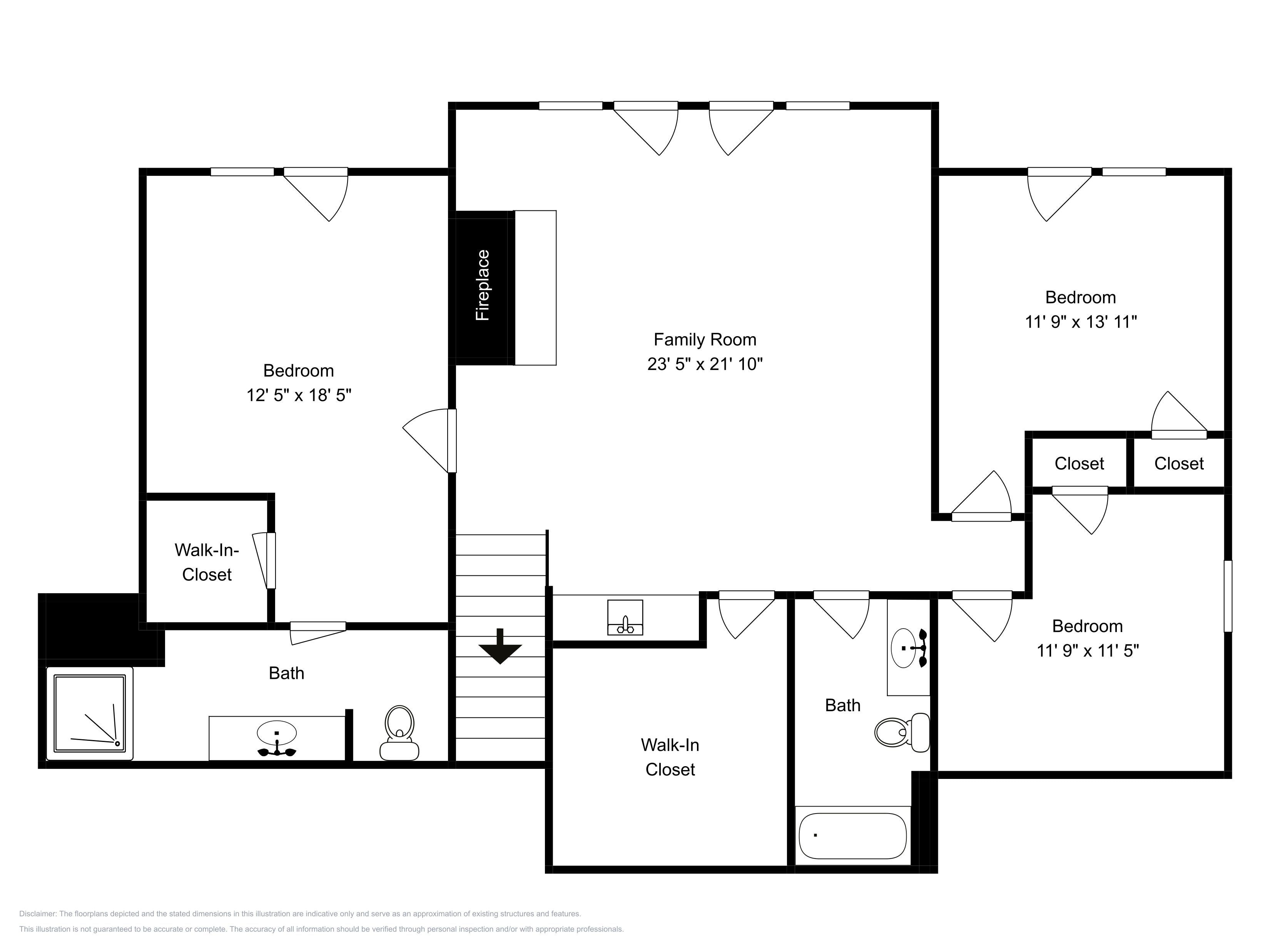 En plantegning, der viser et soveværelse på 3,7 x 5,6 meter, en familienstue på 7,0 x 6,6 meter, samt et badeværelse med walk-in closet.