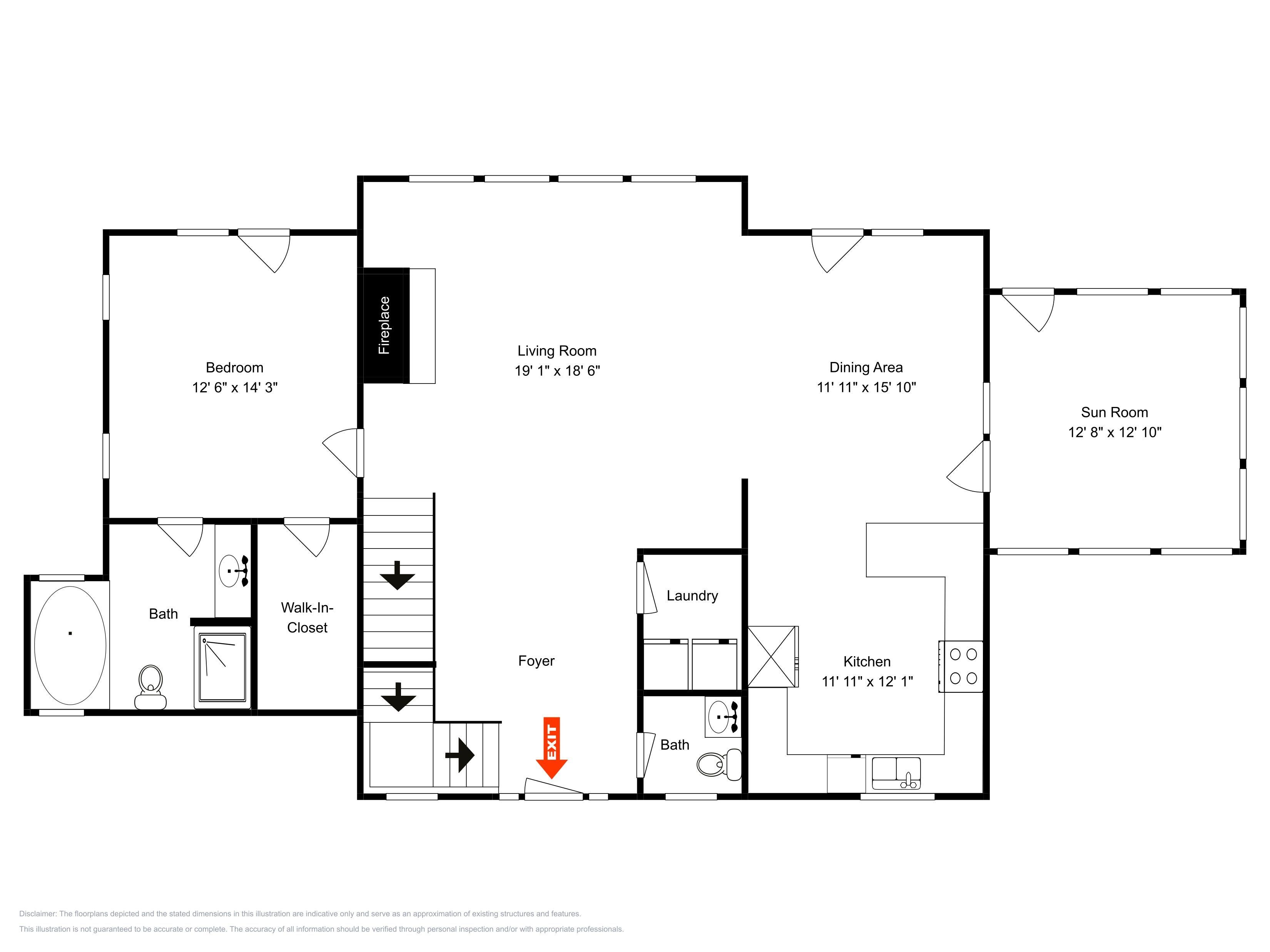 A floor plan with a bedroom, living room, dining area, sun room, kitchen, bathroom, walk-in closet, and foyer.