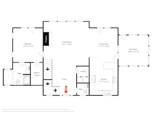 A floor plan of a house with a bedroom, living room, dining area, sun room, kitchen, and bathroom. - High-skis' Villa by Taylor Made Deep Creek (McHenry)