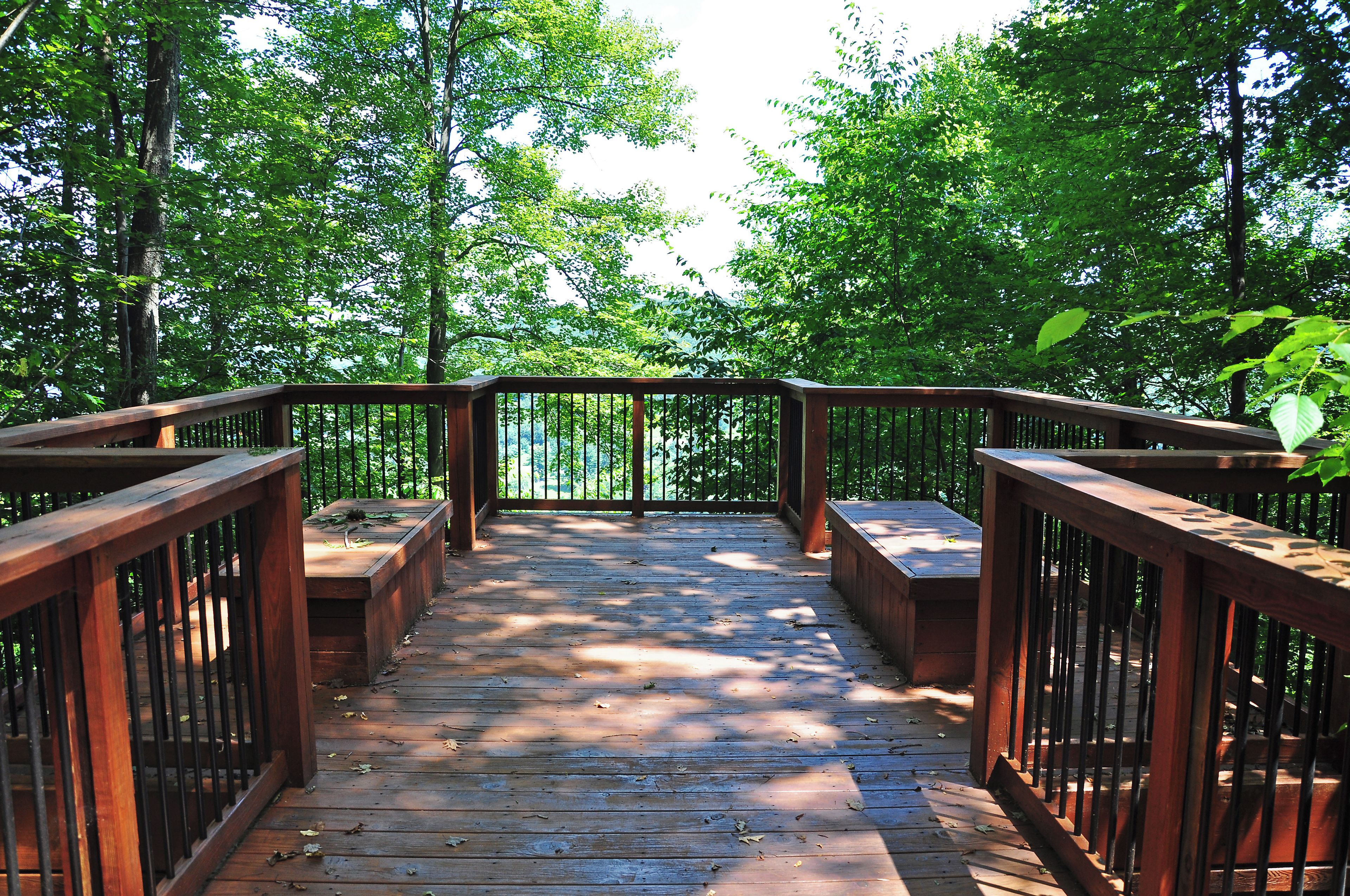 A wooden deck with railings, surrounded by trees.
