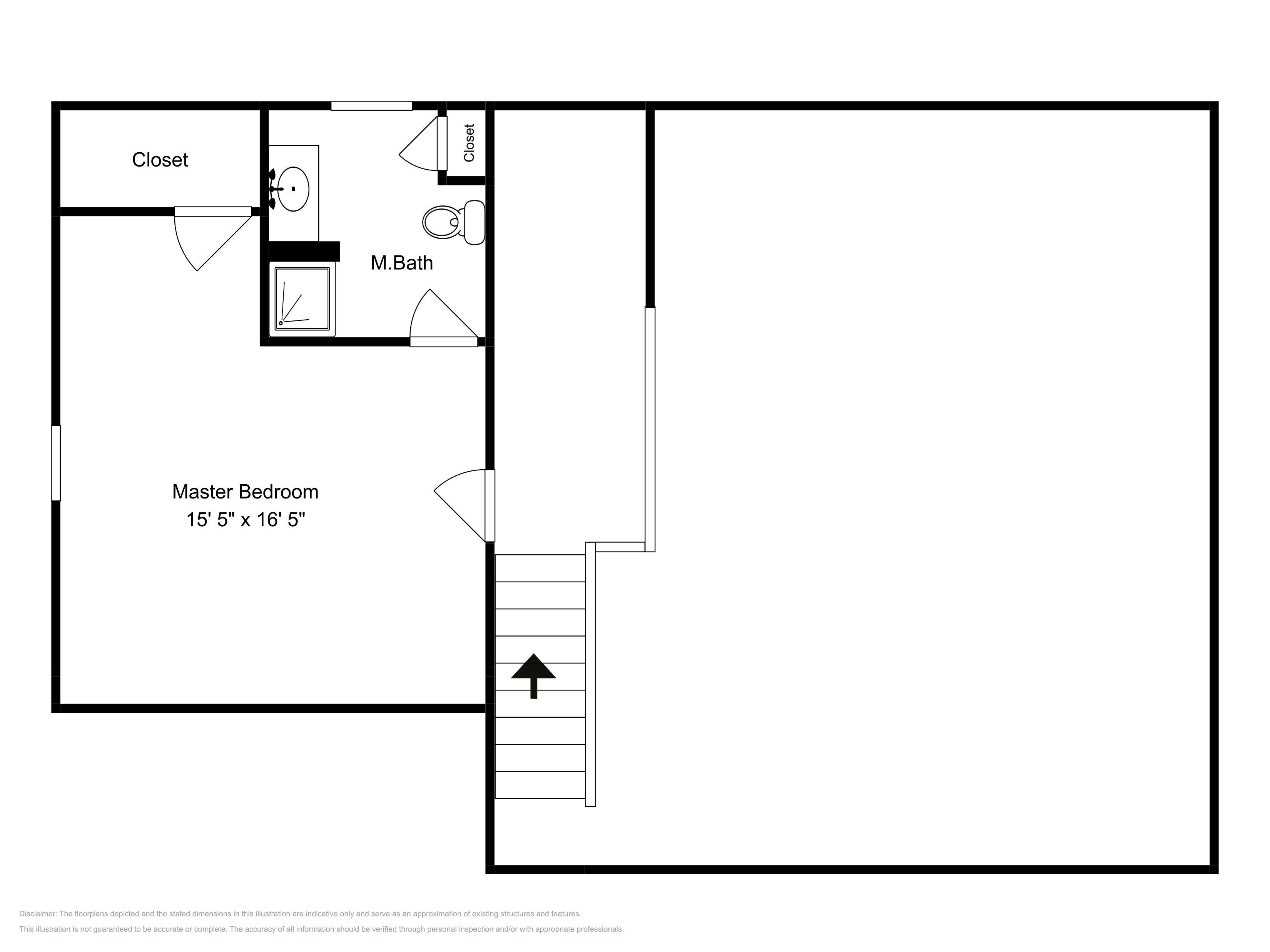 A floor plan of a master bedroom measuring 15'5" x 16'5" with a closet, M.Bath, and a staircase leading to an upper level.