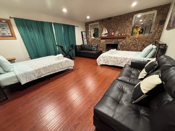 A furnished living room with two beds, a sofa, a fireplace, and a bicycle.