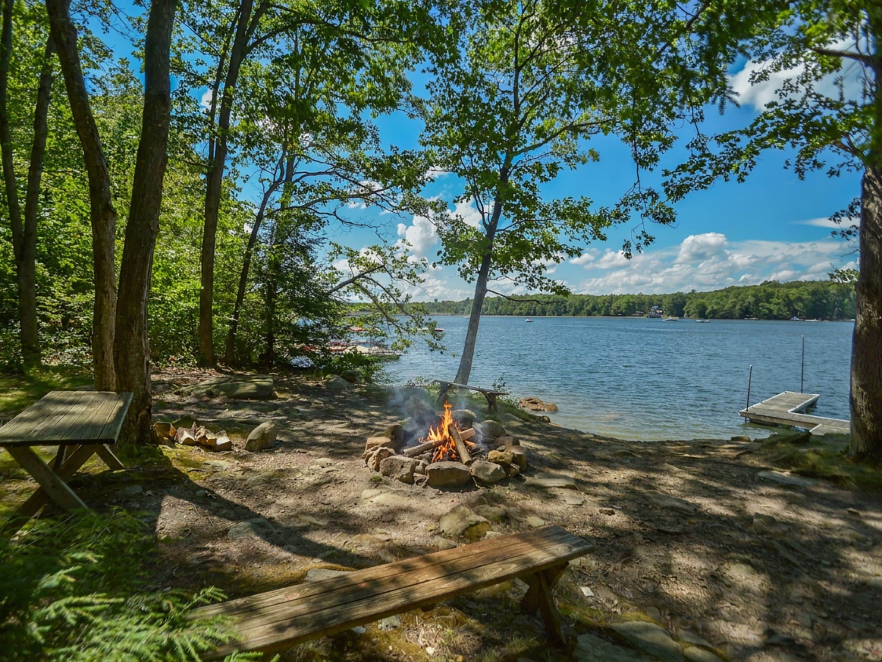 A lakeside campsite with a fire pit, picnic table, and dock.