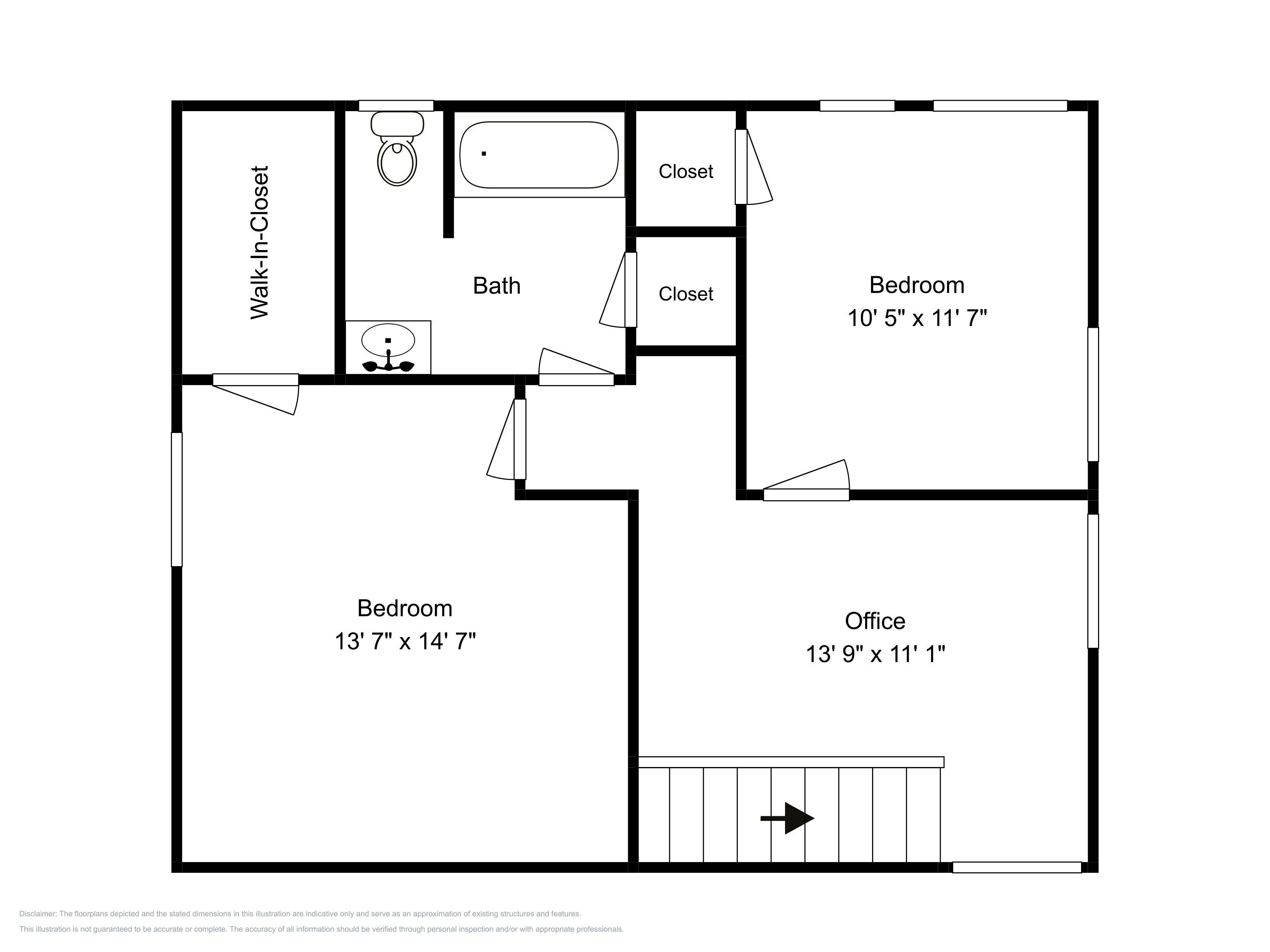 A floor plan with a walk-in closet, two bedrooms, a bathroom, and an office.