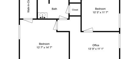 A floor plan with a walk-in closet, two bedrooms, a bathroom, and an office.