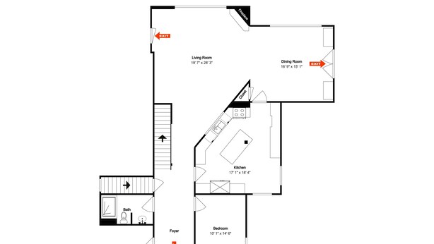Planta baixa de uma casa, mostrando a sala de estar, sala de jantar, cozinha, banheiro, hall de entrada e quarto.