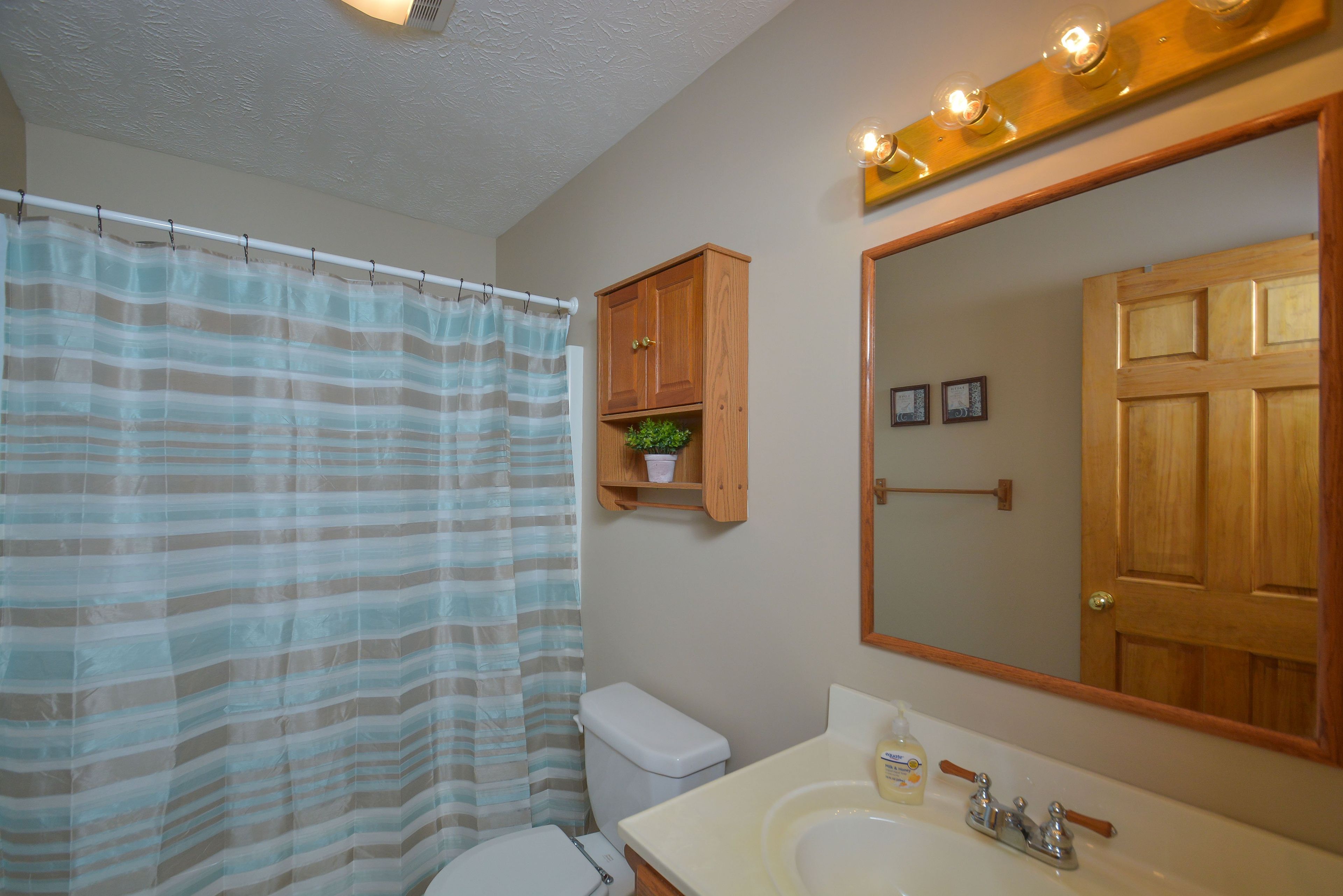 A bathroom with a striped shower curtain, a wooden cabinet, a toilet, a sink with a mirror, and a door with a light fixture above it.