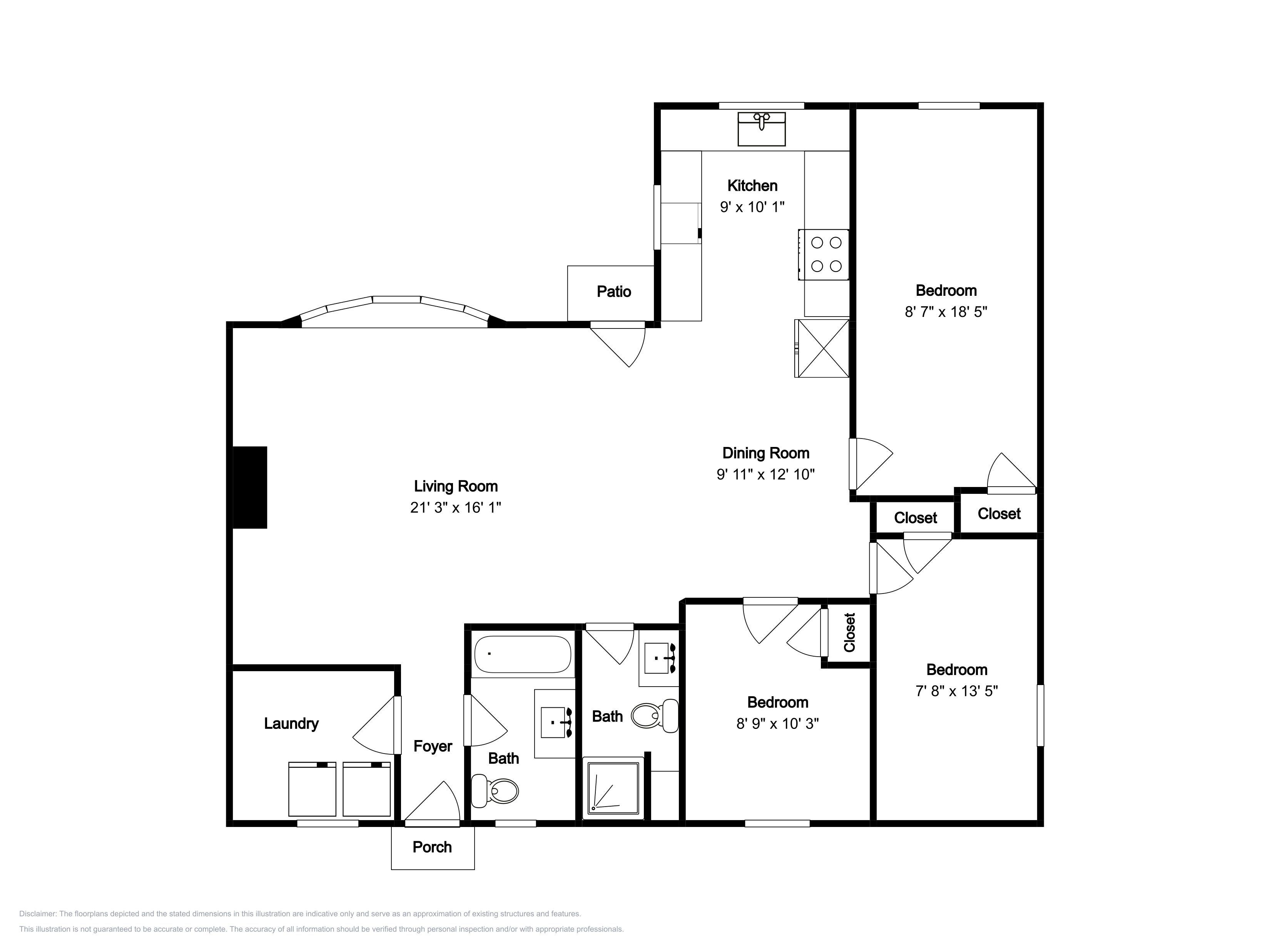 A floor plan of a house with a living room, dining room, kitchen, two bedrooms, a bathroom, a laundry room, a foyer, and a porch.
