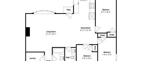A floor plan of a house with a living room, dining room, kitchen, two bedrooms, a bathroom, a laundry room, a foyer, and a porch.