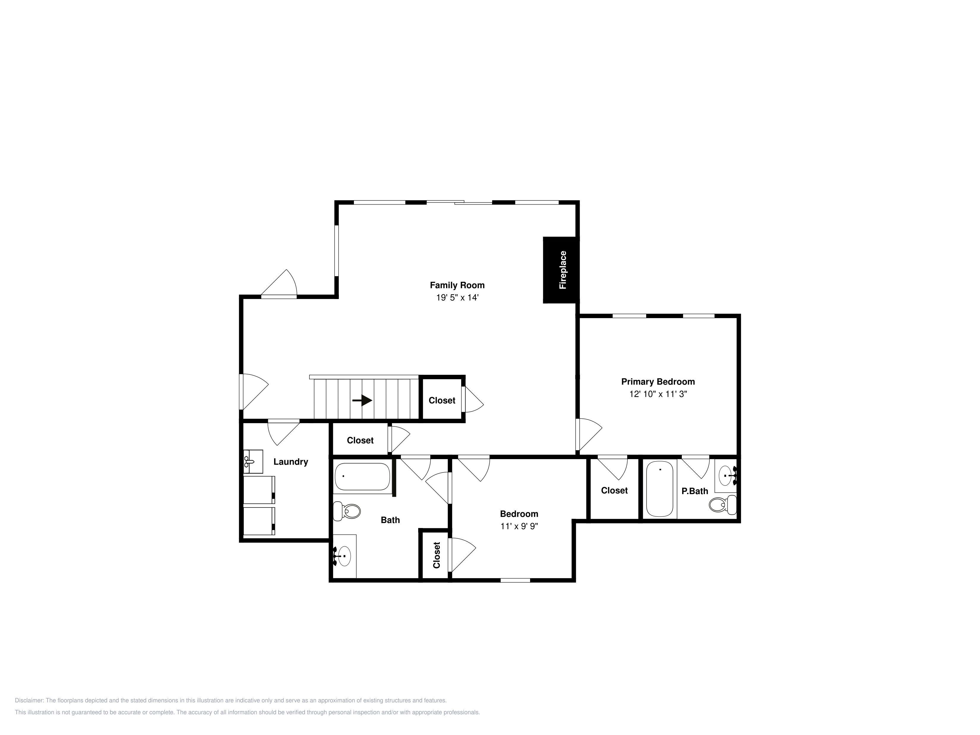 A floor plan with a family room, primary bedroom, and a bathroom.