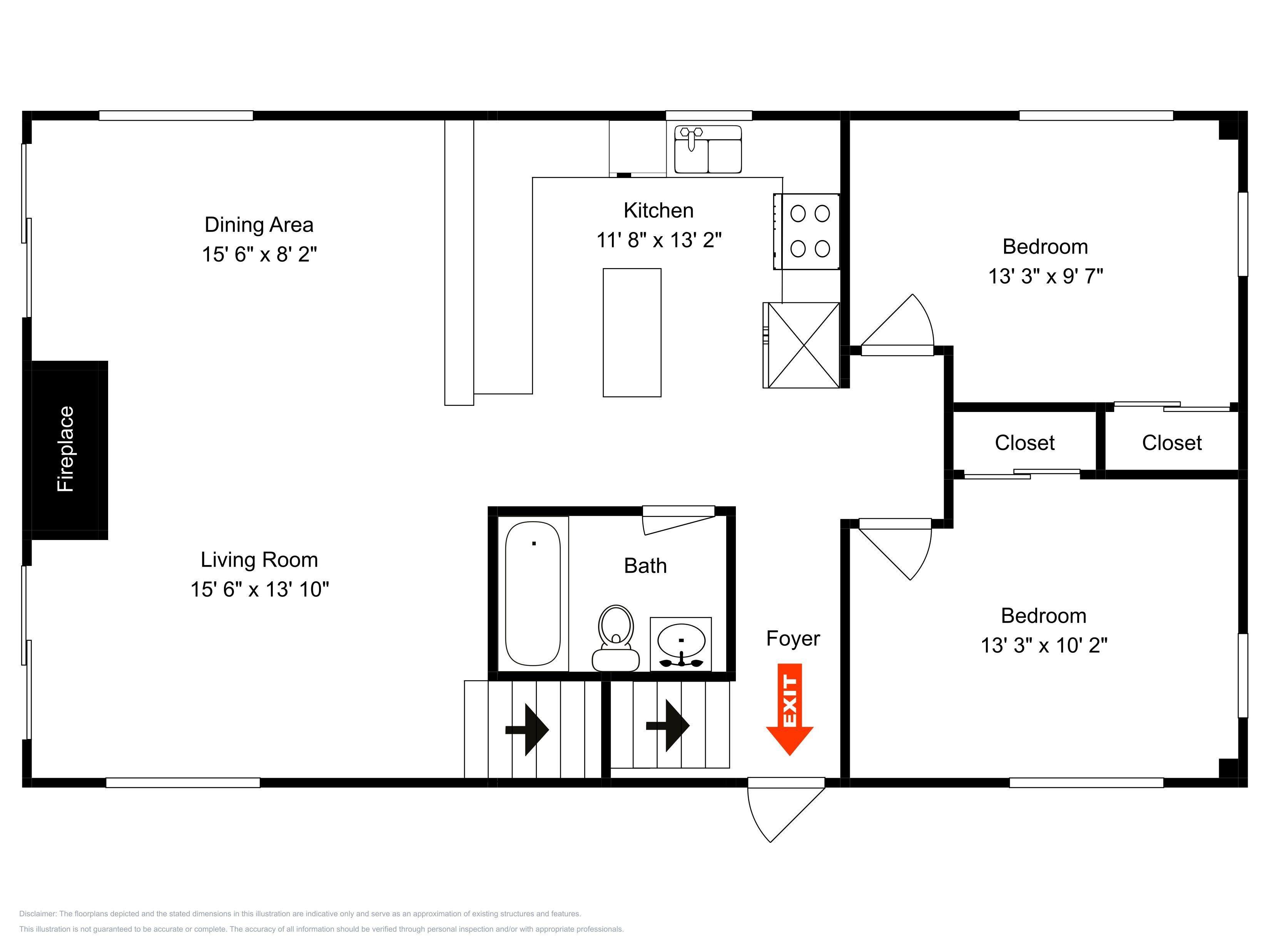 Un plano de planta que muestra un comedor, una cocina, dos dormitorios, una sala de estar y un baño.