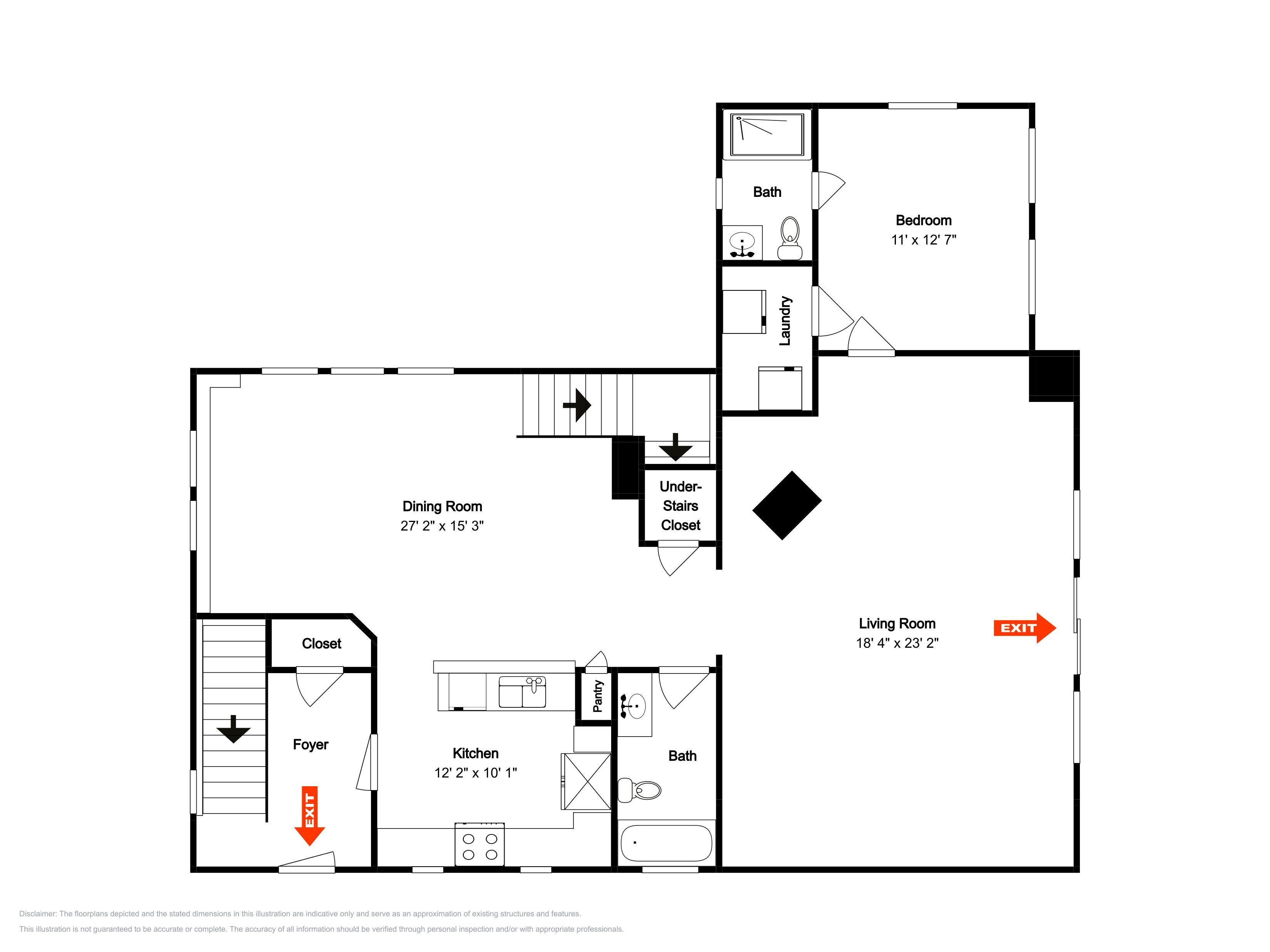 A floor plan of a hotel room with a dining room, closet, foyer, kitchen, bathroom, pantry, and under-stairs closet.