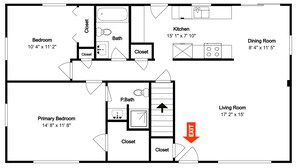 A floor plan of a hotel room layout including a bedroom, primary bedroom, bathroom, kitchen, dining room, and living room. - Laurel Ridge by Taylor Made Deep Creek (McHenry)
