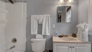 Combined shower/tub, hair dryer, towels, soap