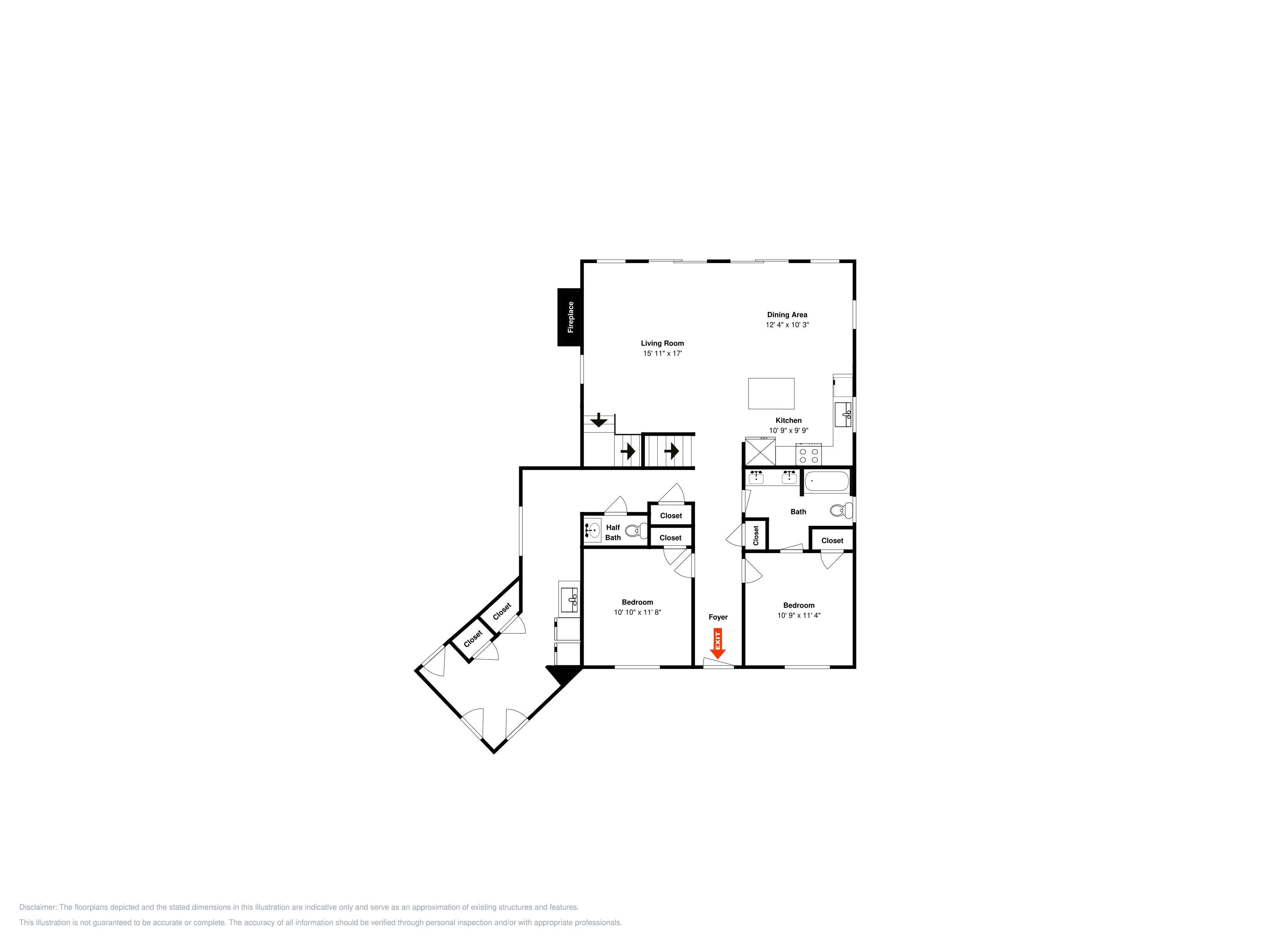 A floor plan with a living room, dining area, kitchen, two bedrooms, a bathroom, and a foyer.