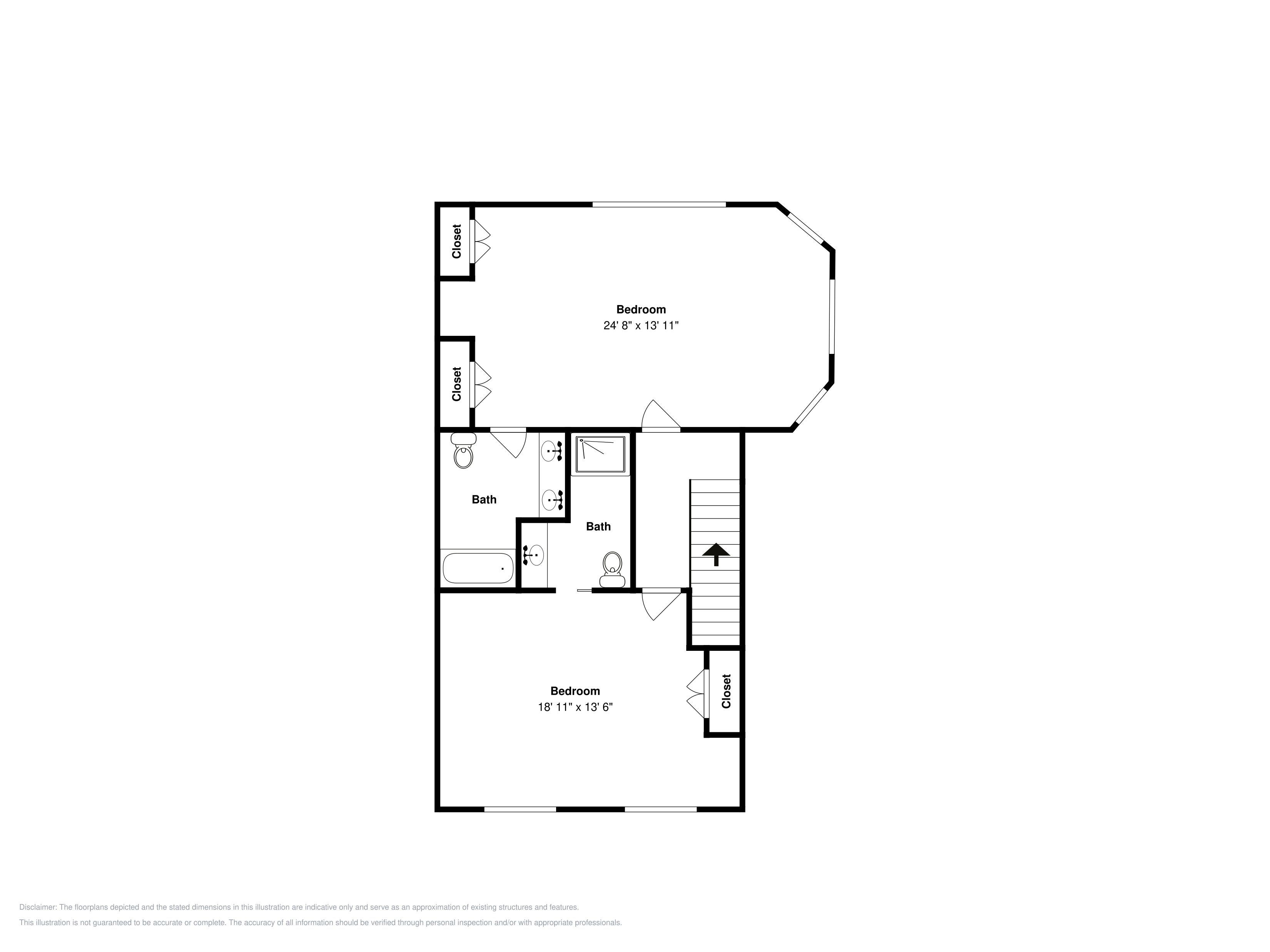 A floor plan with two bedrooms measuring 24' 8" x 13' 11" and 18' 11" x 13' 6", a bathroom, and closets.