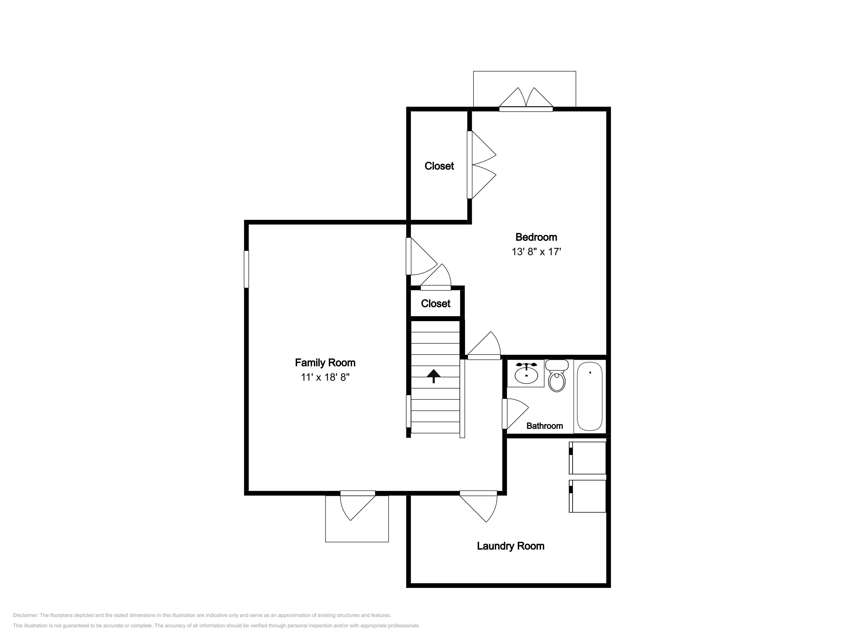 A floor plan with a family room, bedroom, closet, bathroom, and laundry room.