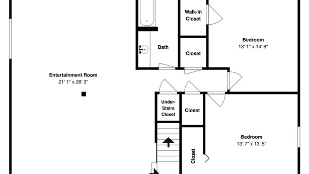 A floor plan with an entertainment room, two bedrooms, a bathroom, a walk-in closet, and an under-stairs closet.