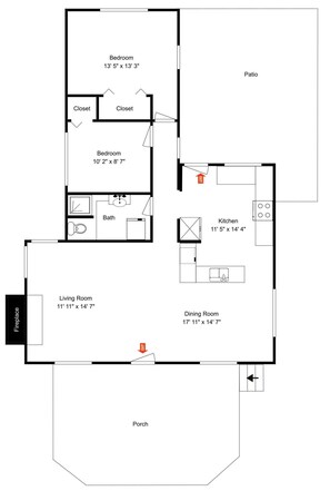 A floor plan with a bedroom, closet, bathroom, kitchen, living room, dining room, patio, and fireplace. - Mountain Escape by Taylor Made Deep Creek (McHenry)