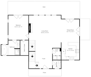 A floor plan with a bedroom, living room, dining room, kitchen, bathroom, foyer, and porch.
