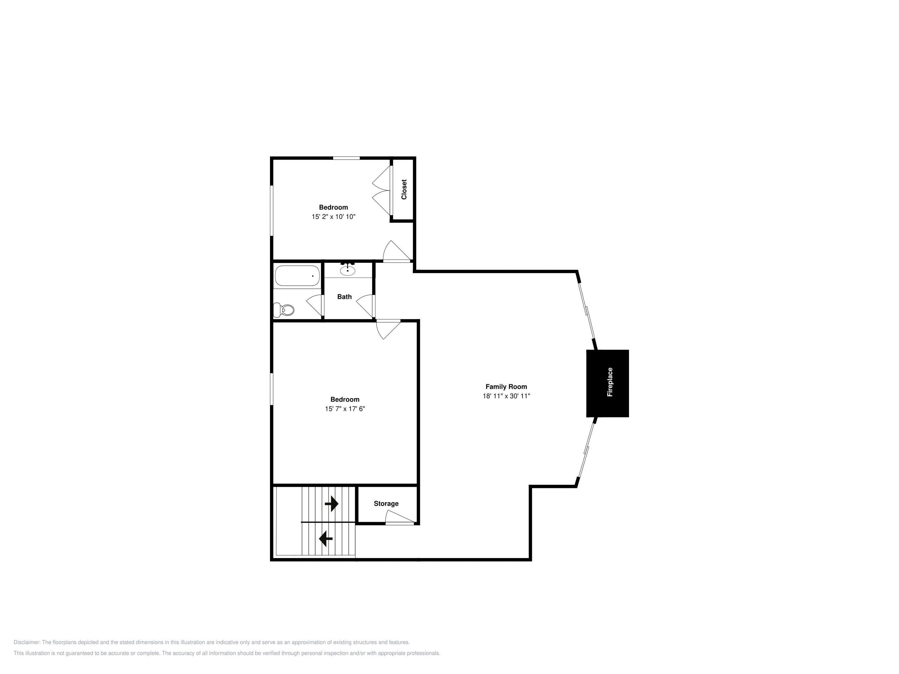 A floor plan with two bedrooms, a bathroom, a family room, and a fireplace.