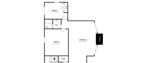 A floor plan with two bedrooms, a bathroom, a family room, and a fireplace.