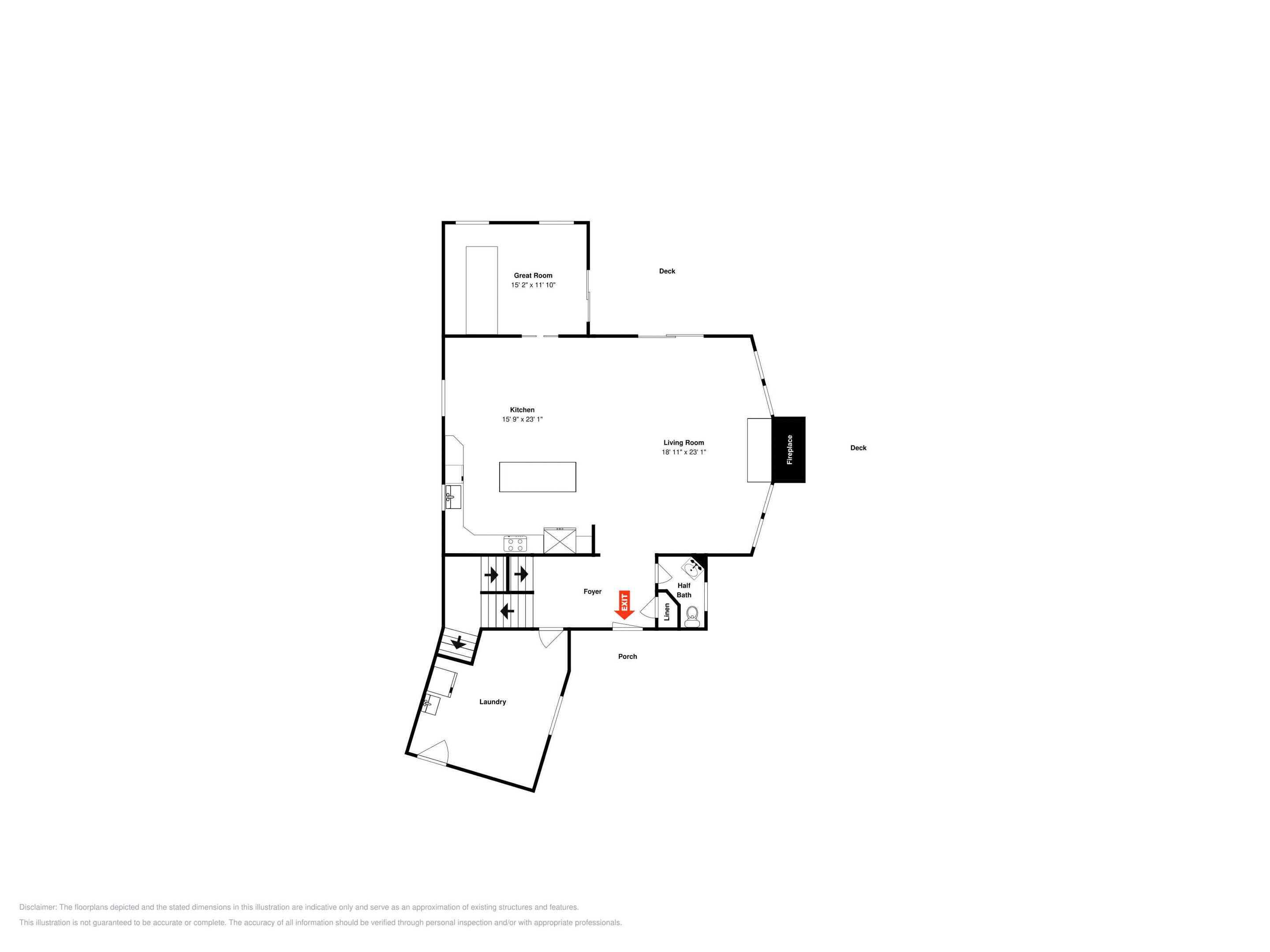 A floor plan with a Great Room, Kitchen, Living Room, Foyer, Half Bath, Laundry, and Porch.