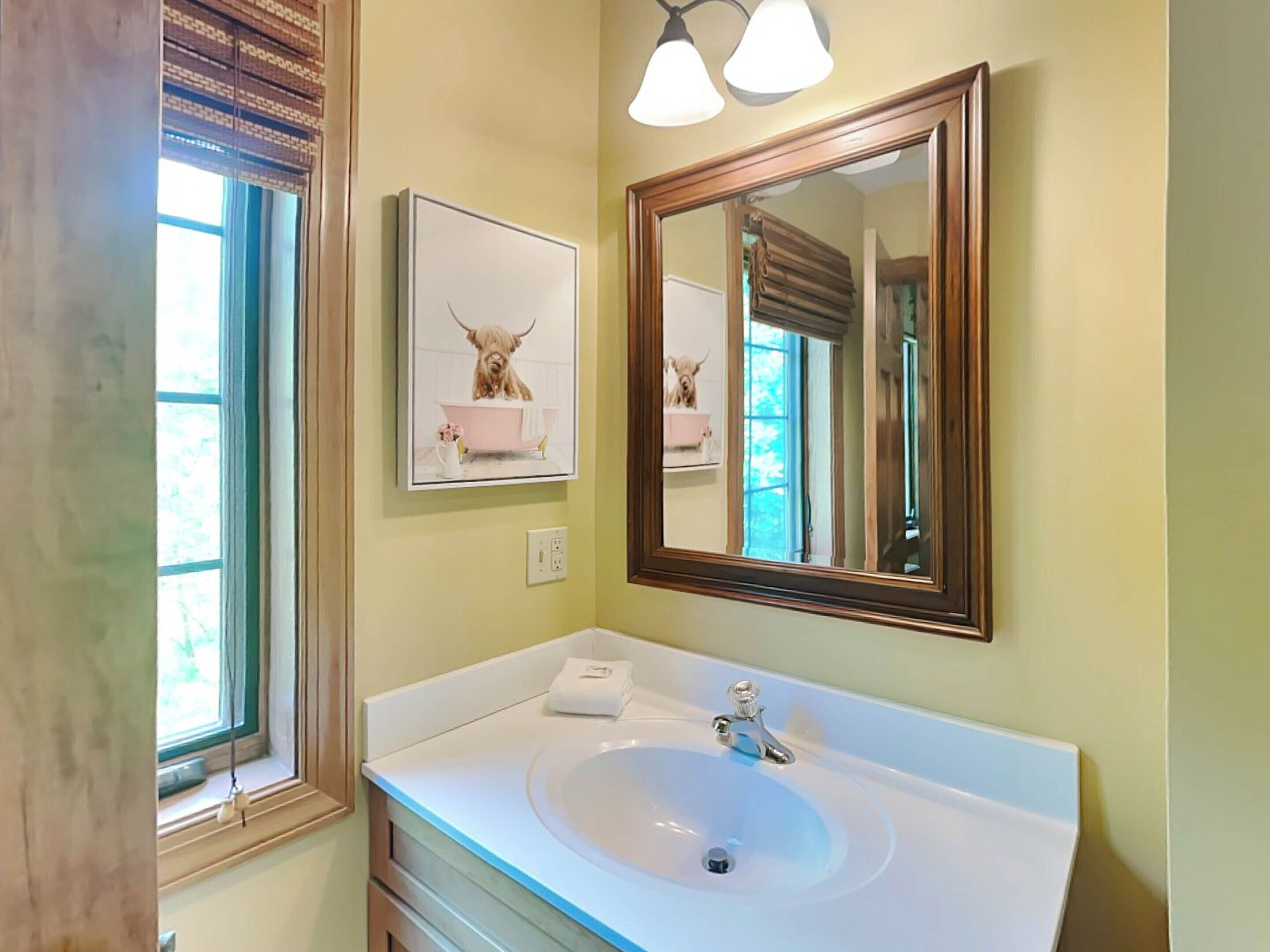 A bathroom with a white sink, a large mirror, and a framed picture of a dog in a bathtub.