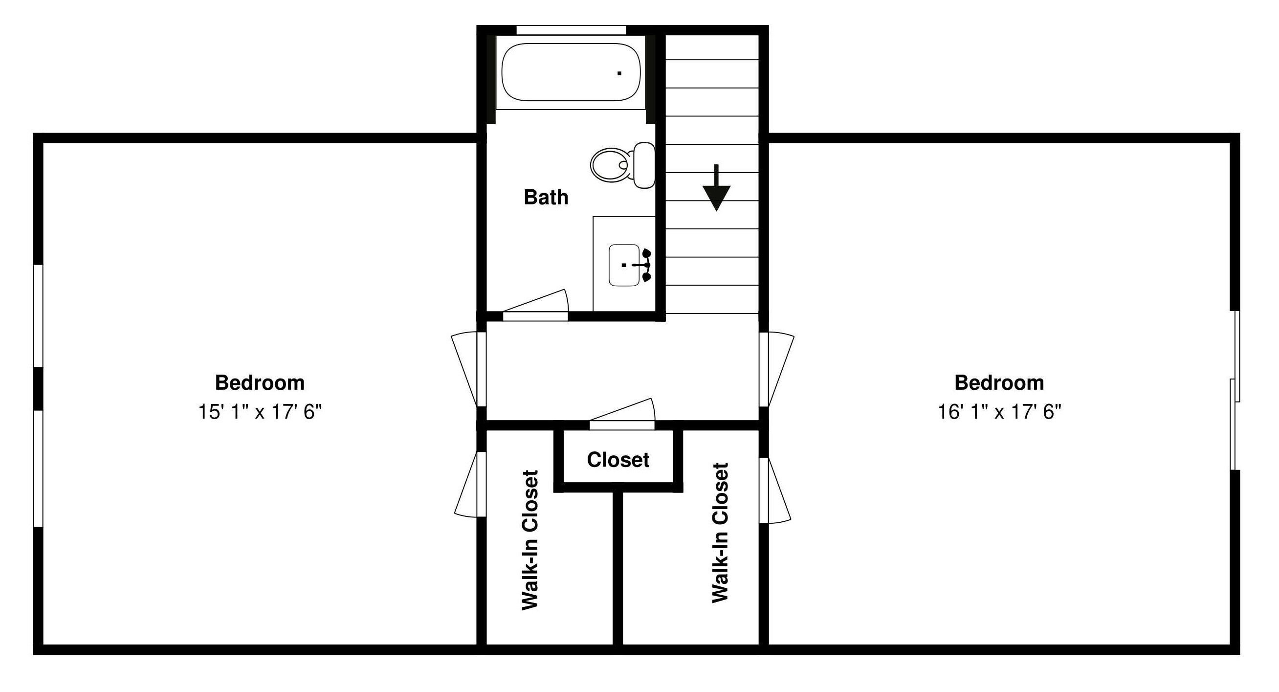 A floor plan with two bedrooms, a bathroom, and a closet.