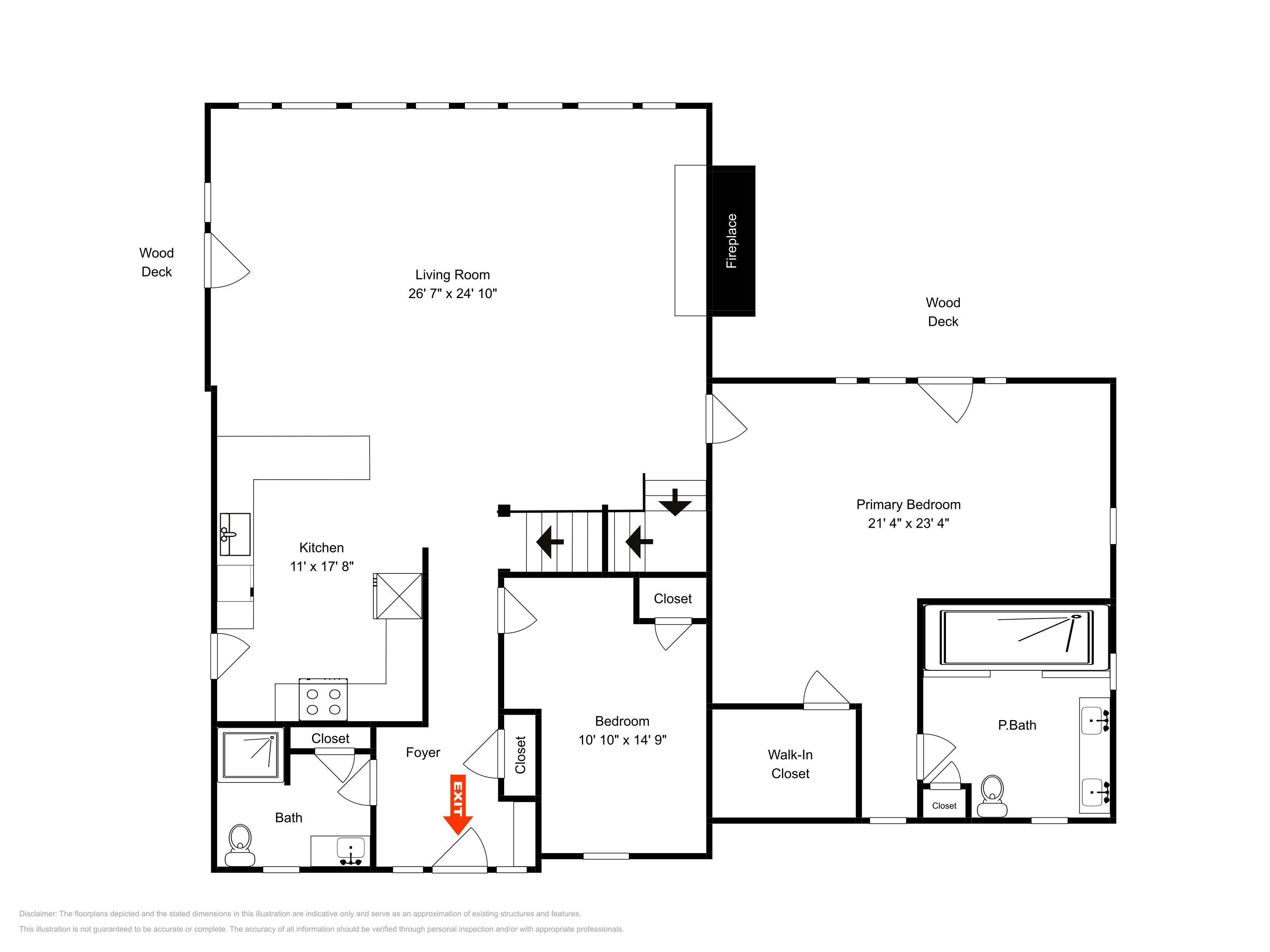A floor plan of a house with a living room, kitchen, bedroom, walk-in closet, foyer, and bathroom.