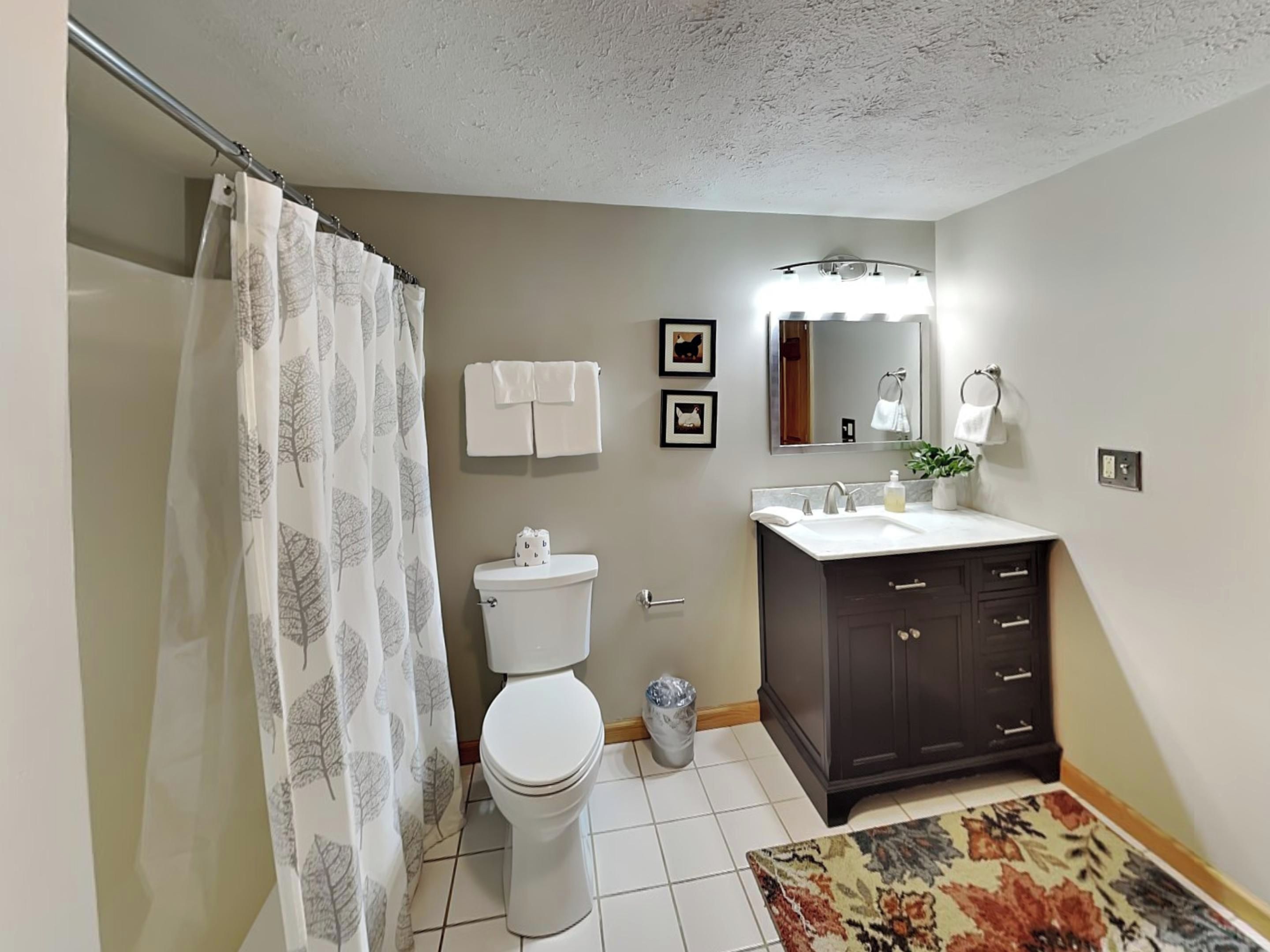 A bathroom with a toilet, sink, dark cabinet, shower curtain, and a rug.