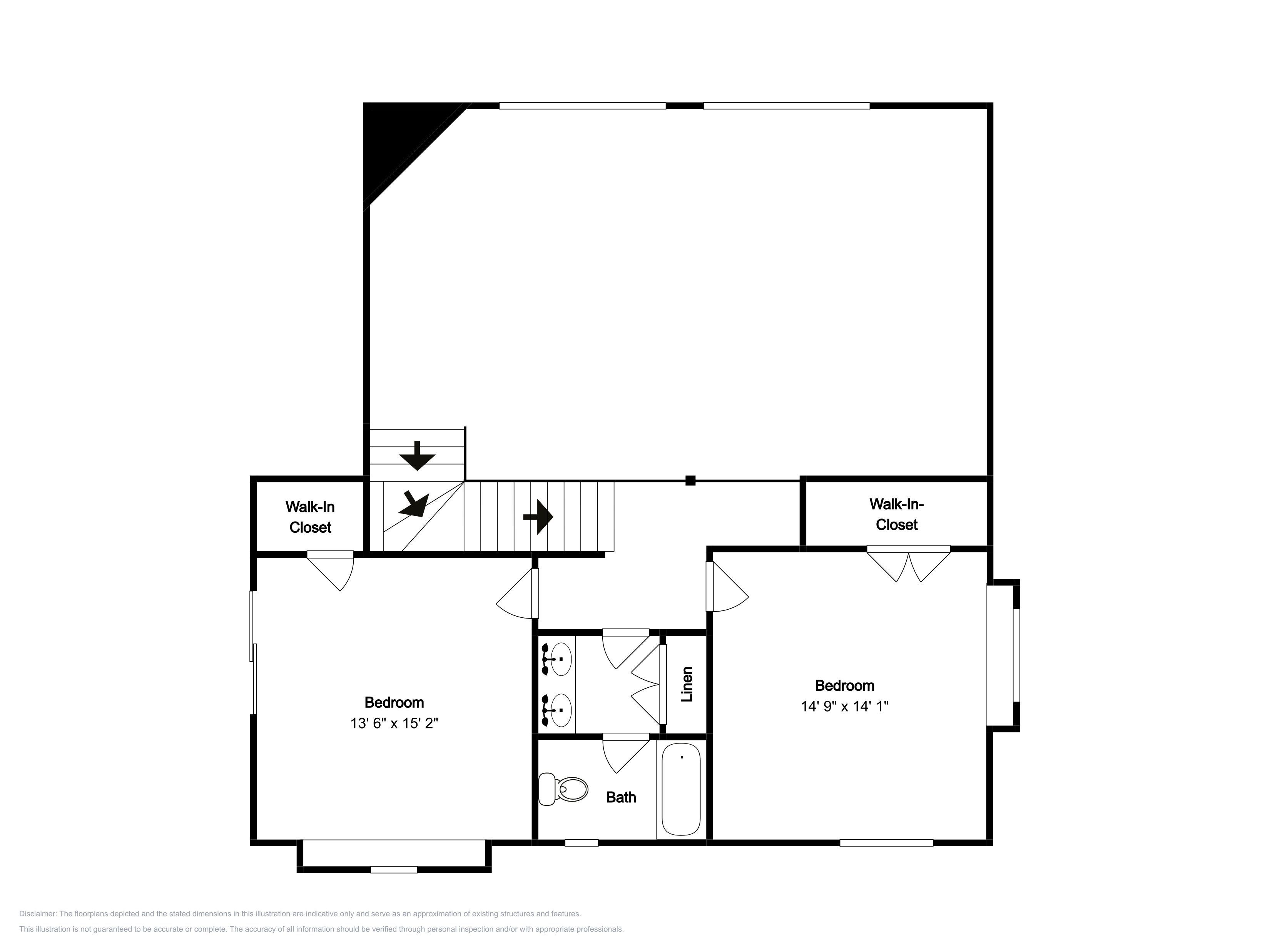 En planritning som visar ett sovrum som är 4,1 x 4,6 meter, ett badrum och ett förråd för sängkläder.