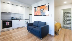 A compact living space with a kitchenette, a sofa, and a shower area.