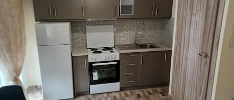 Fridge, oven, electric kettle, cookware/dishes/utensils
