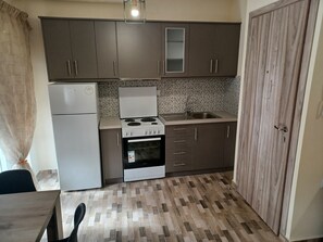 Fridge, oven, electric kettle, cookware/dishes/utensils