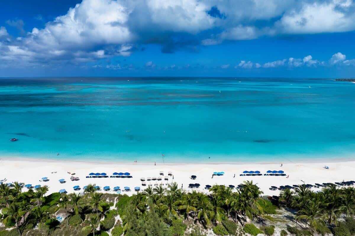 Ein Strand mit klarem türkisblauem Wasser, weißem Sand und Palmen.