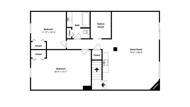 A floor plan with a bedroom measuring 20'6' x 13'7', a game room, and a fireplace. - Sawin' Logs by Taylor Made Deep Creek (McHenry)