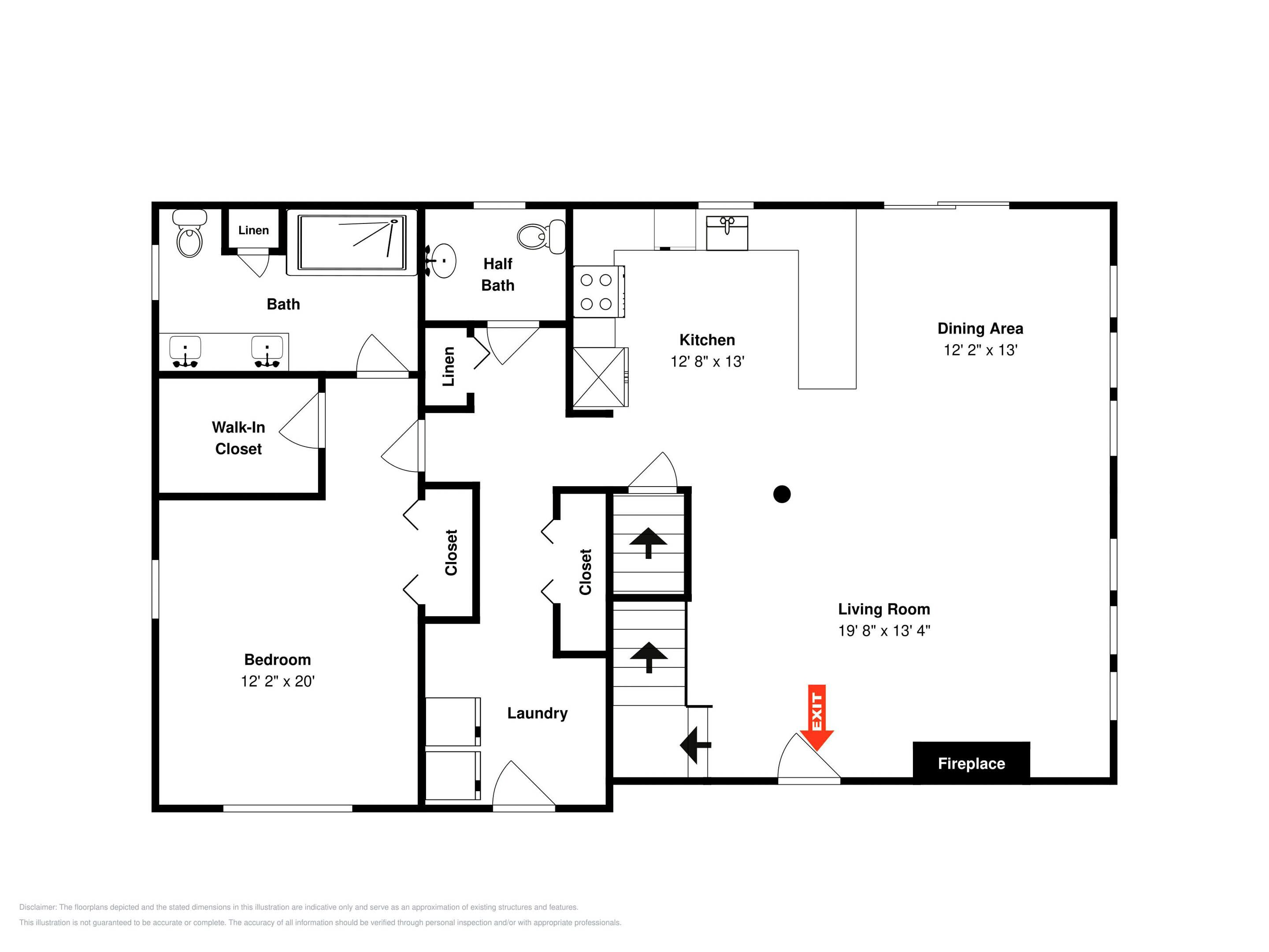 Plano de planta que muestra un dormitorio, baño, vestidor, lavandería, cocina, comedor y sala de estar.