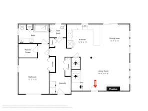 A floor plan with a bedroom, bathroom, walk-in closet, laundry, kitchen, dining area, and living room.