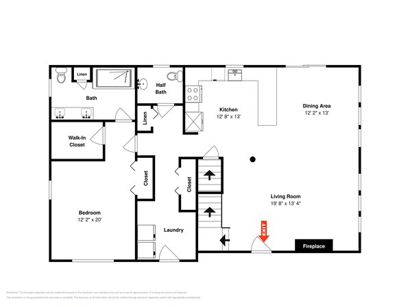 Un plan d’étage comprenant une chambre, une salle de bain, un dressing, une buanderie, une cuisine, un coin repas et un salon.