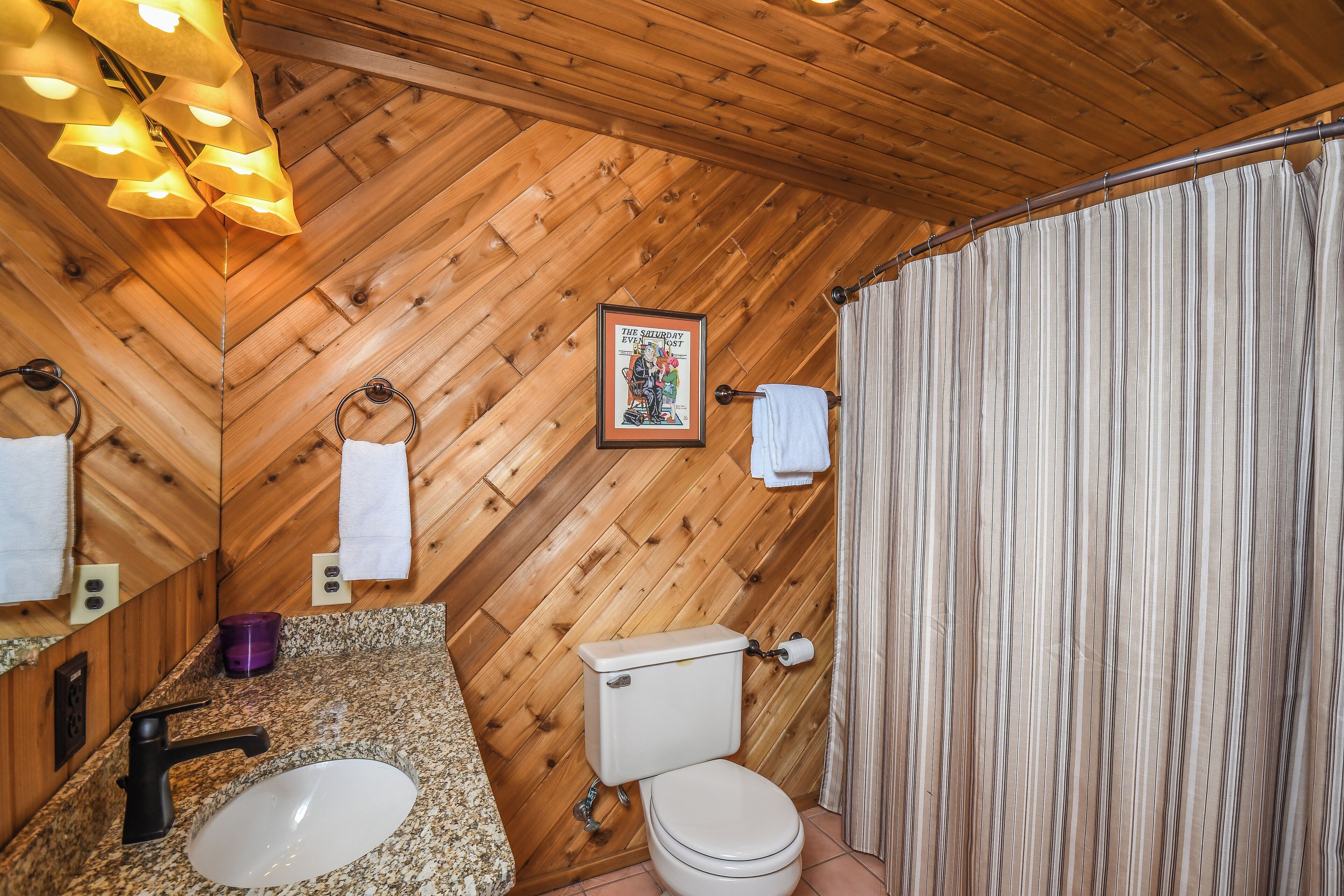 Een badkamer met houten wanden, een wastafel, toilet en een douchegordijn.