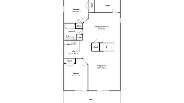 Un plan d’étage comprenant une chambre, une salle de bain, un placard, une salle de divertissement et un salon.