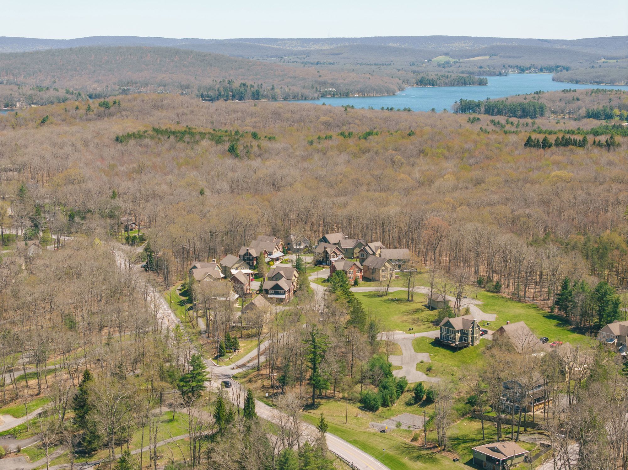 A residential area with houses surrounded by trees and a lake in the background.