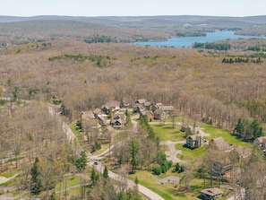 A residential area with houses surrounded by trees and a lake in the background.