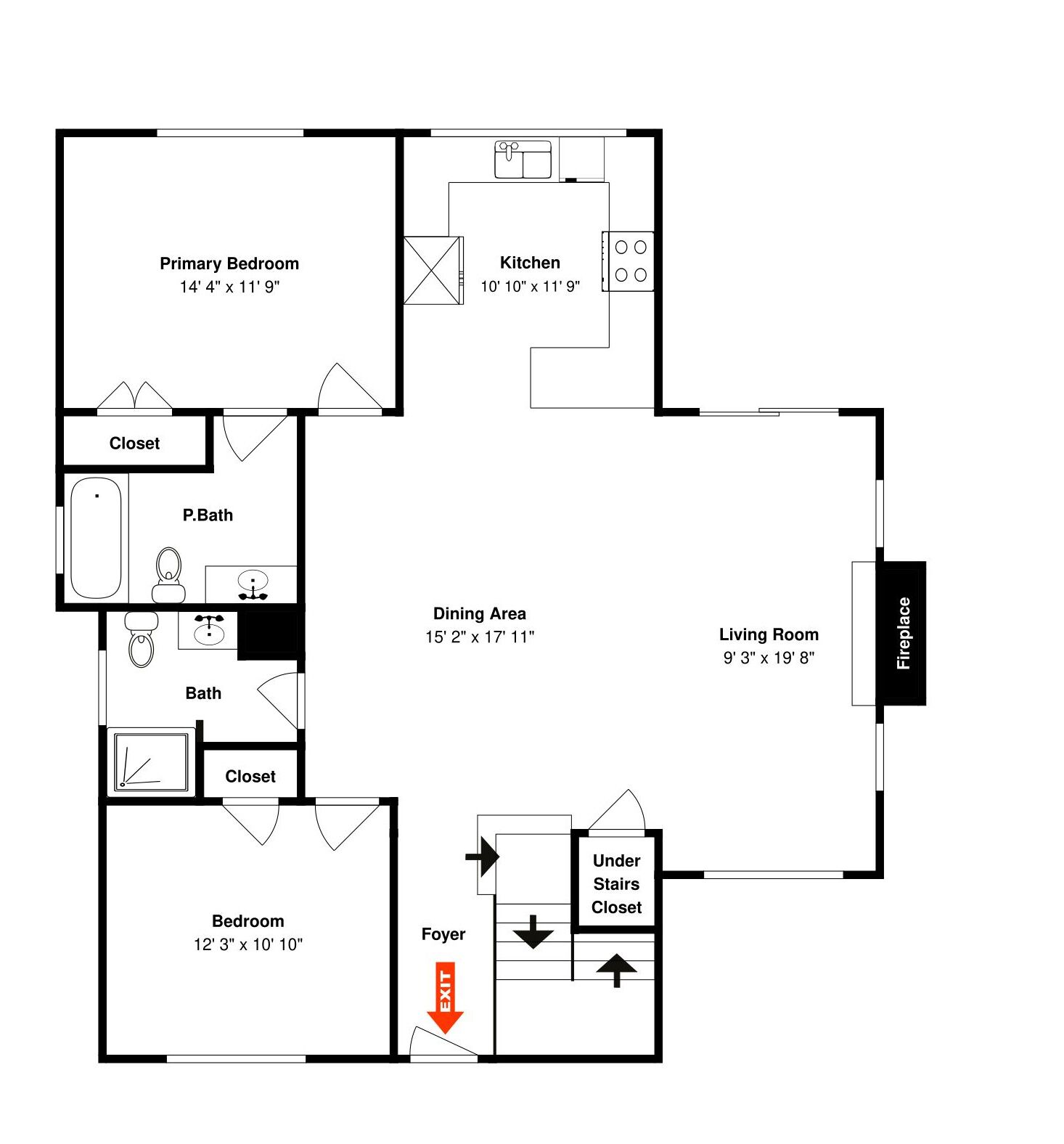 Ein Grundriss mit Hauptschlafzimmer, Küche, Essbereich, Wohnzimmer, Bad, Abstellraum, Eingangsbereich und Kamin.